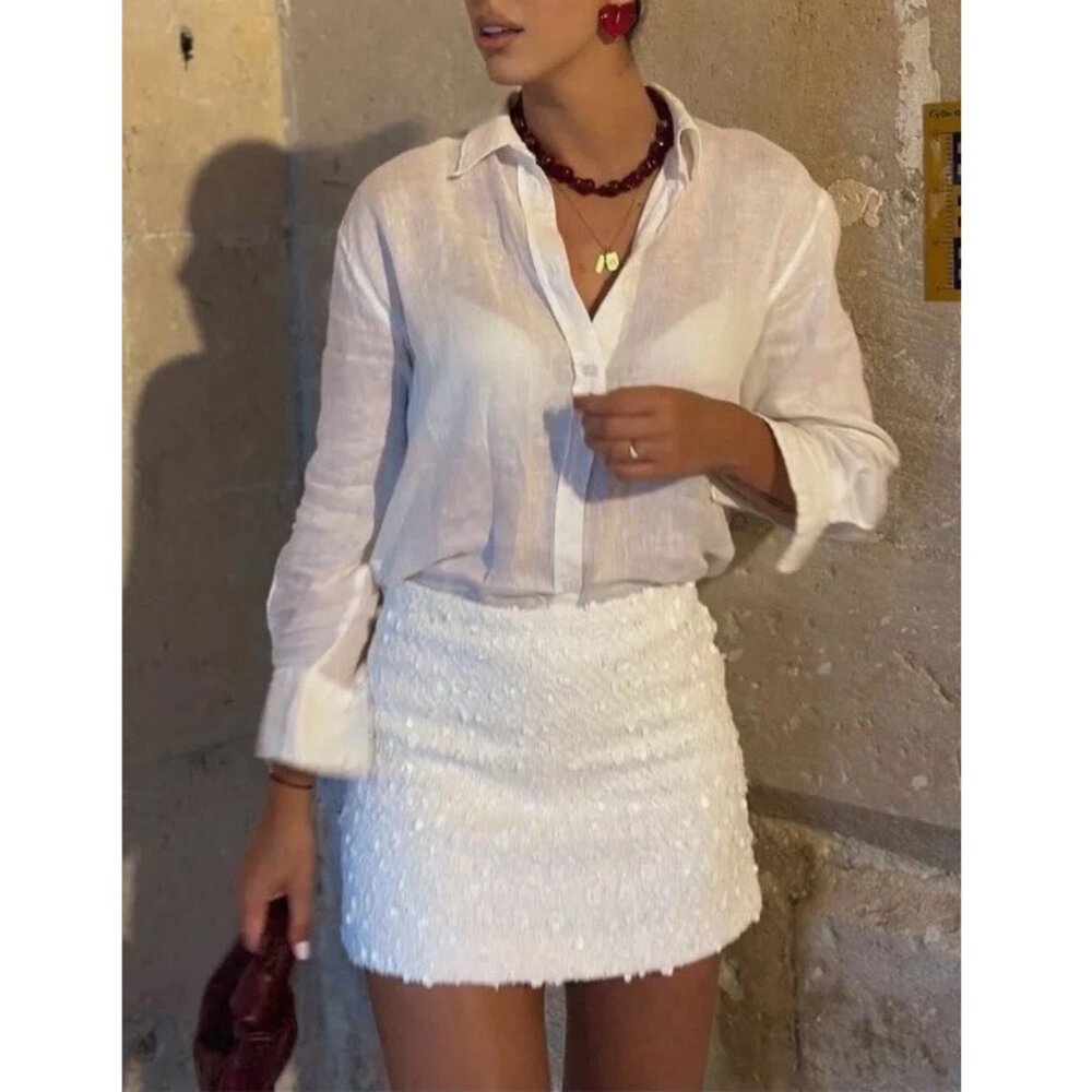 ZARA White Tweed Mini Skirt With Floral Beads